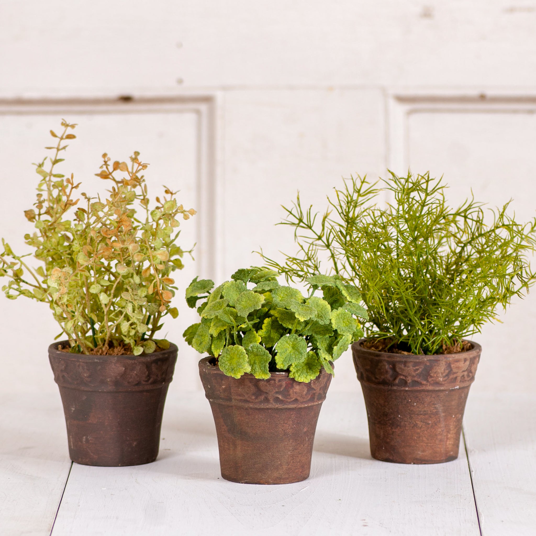 3 pot herb planter Mini Herb Pots with silk greens set of 3