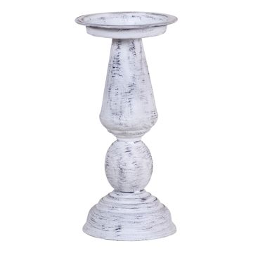 10-Inch Metal Pedestal Pillar Candle Holder in Rustic White Wash