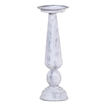 14-Inch Metal Pedestal Pillar Candle Holder in Rustic White Wash