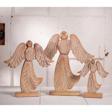 Rustic Carved Wooden Angel Figurine Set