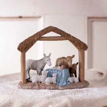 Resin Sleeping Baby Jesus in Creche w/animals